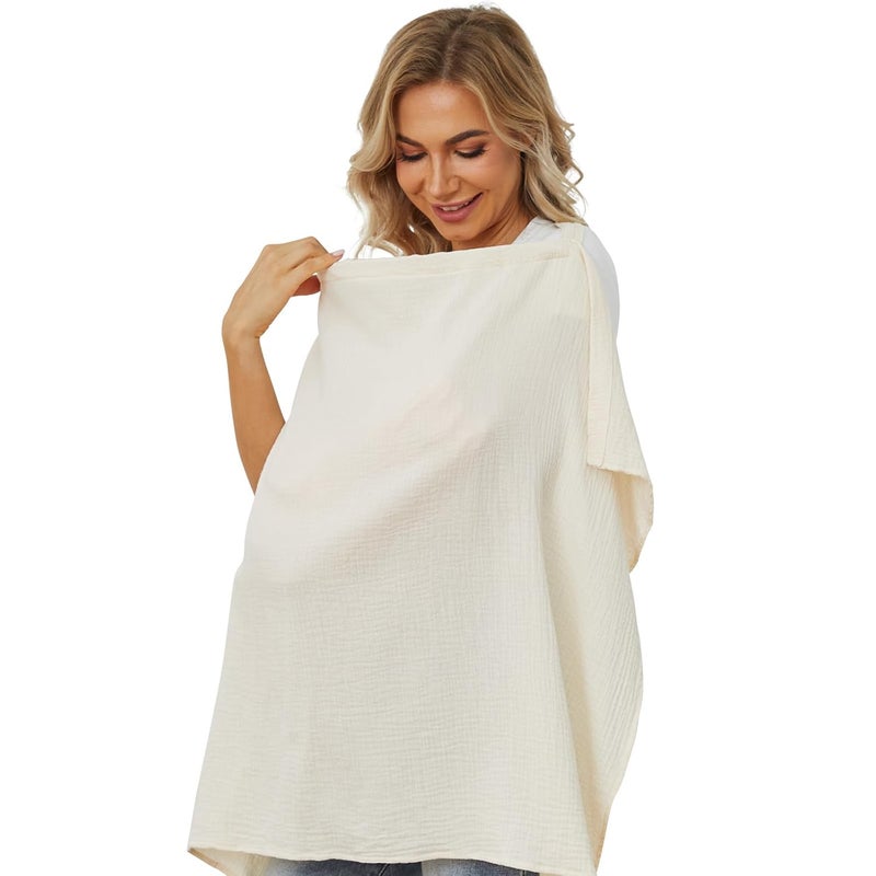 PPOGOO Muslin Nursing Cover for Baby Breastfeeding, Breathable Privacy Nursing Covers for Mom 100% Cotton Breastfeeding Cover with Rigid Hoop for Mother Nursing Apron (Beige) - Image 1